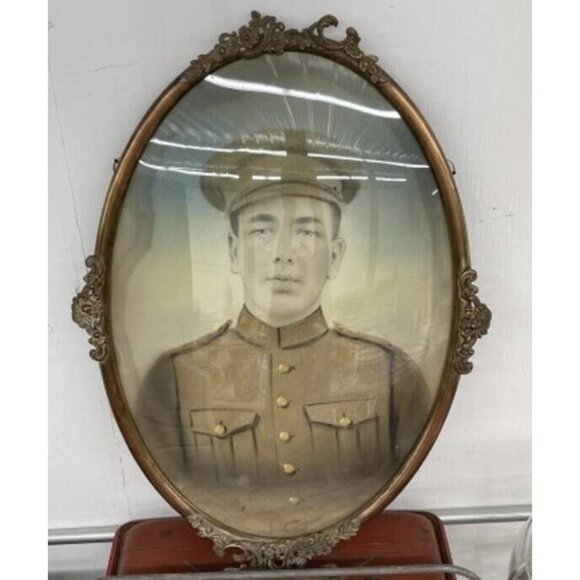 Pre War/WW1 Soldier Portrait In Victorian Ornate Convex Bubble Glass Frame 16x25 - Picture 2 of 6